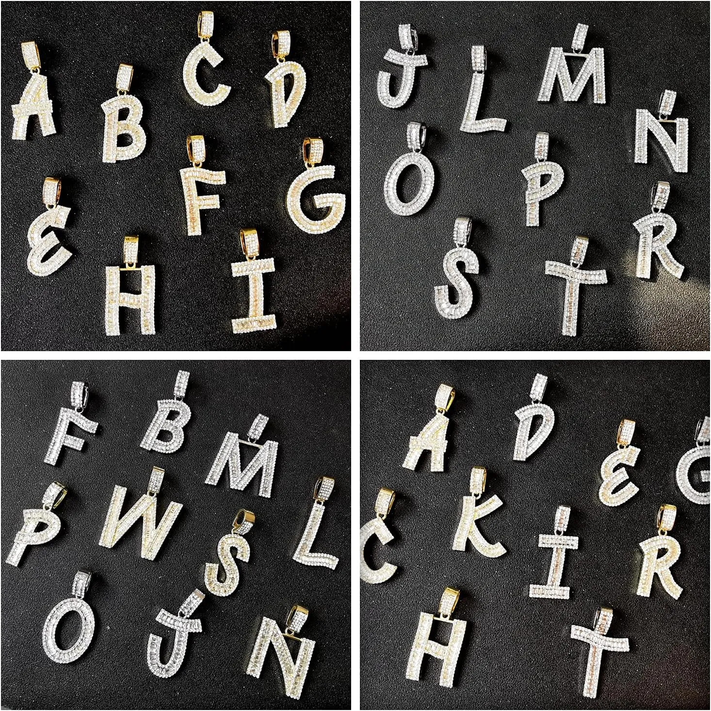 Bling Silver Gold Iced Out Baguette Initial Letter Necklaces for Men Women Big Cz Diamond Capital Letter Pendant A-Z with Rope Tennis Chains