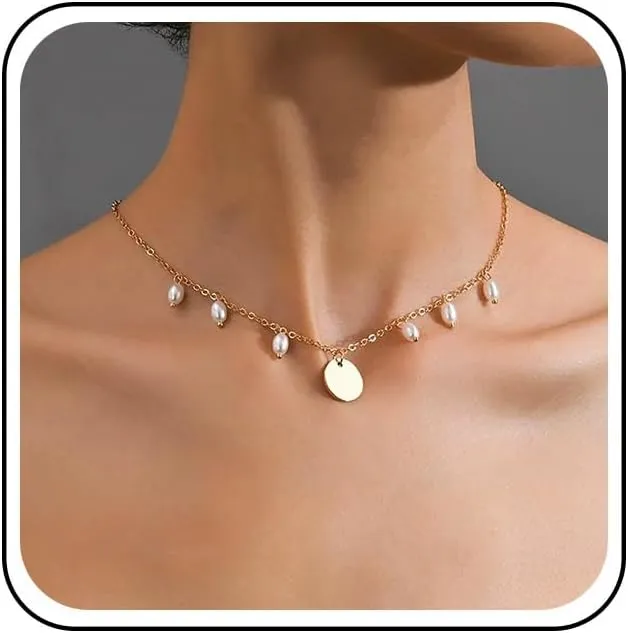 Bohemian Disc Pearl Choker Necklace Gold Metal Coin Pendant Necklace Round Circle Disc Collar Necklaces Minimalist Pearl Chain Necklaces Jewelry for Women