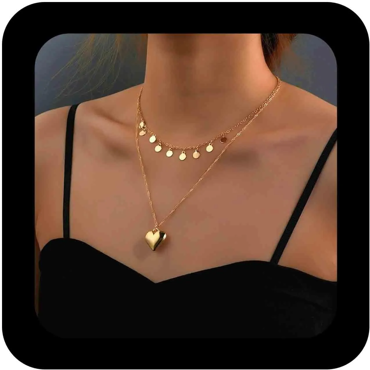 Bohemian Layered Disc Heart Choker Necklace Gold Puffy Heart Pendant Necklaces Metal Disc Coin Chain Necklace Minimalist Round Coin Collar Necklaces Jewelry for Women