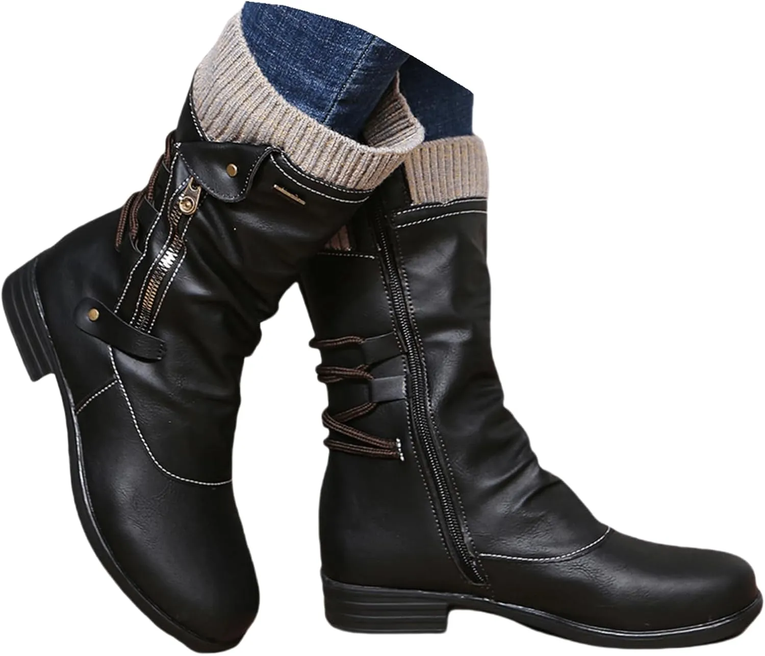 Boots For Women Knee High Wide Calf Mid Calf Combat Boots with Low Heel Square Toe Biker Motorcycle Riding Dress Boots