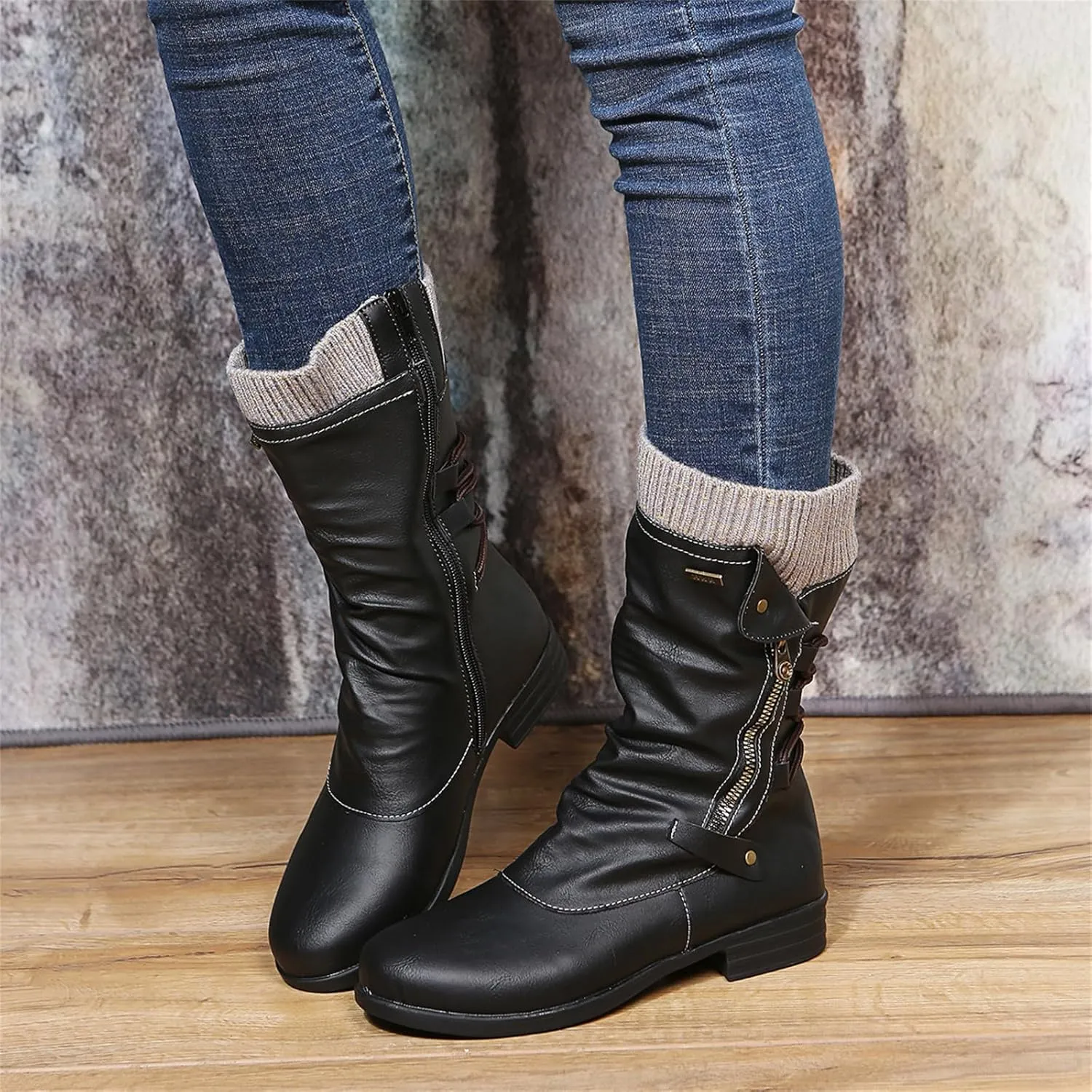 Boots For Women Knee High Wide Calf Mid Calf Combat Boots with Low Heel Square Toe Biker Motorcycle Riding Dress Boots