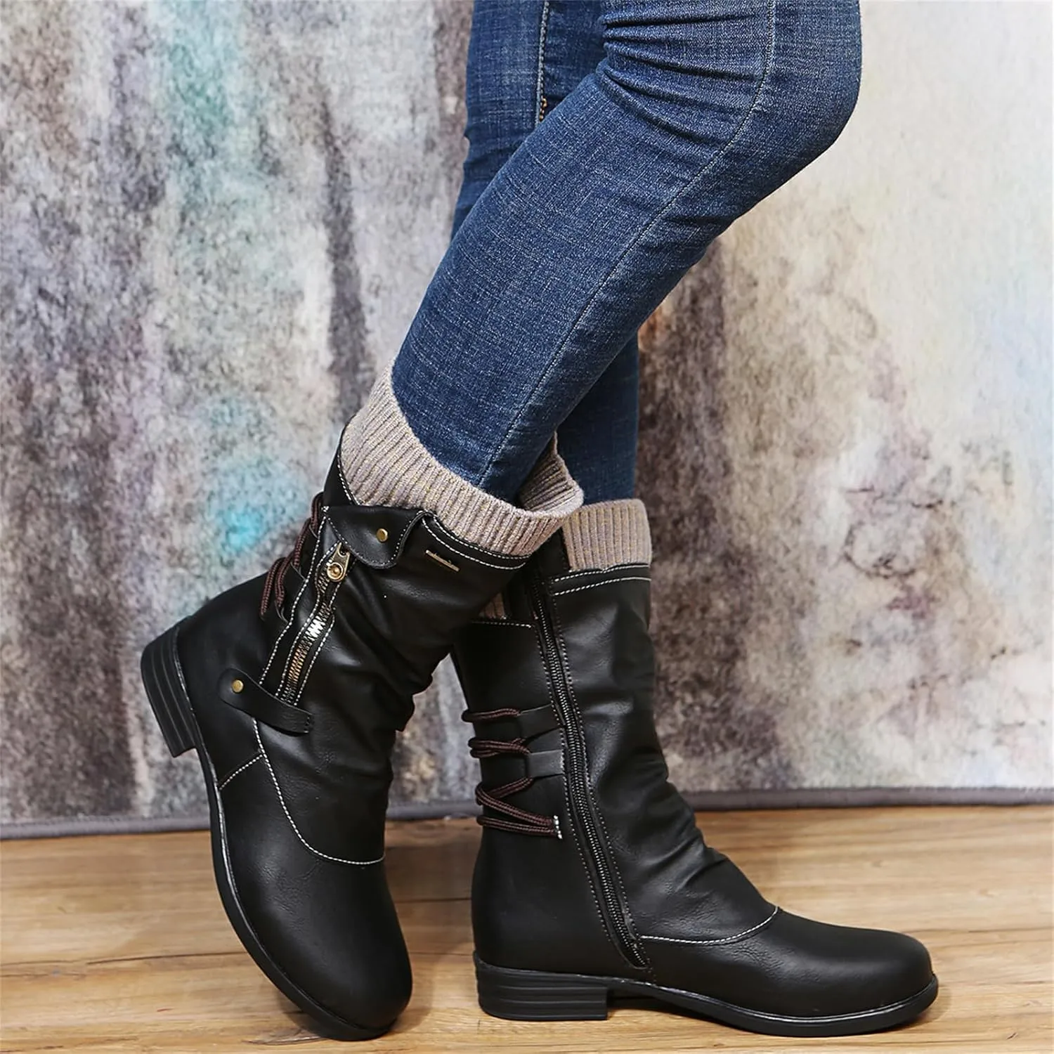 Boots For Women Knee High Wide Calf Mid Calf Combat Boots with Low Heel Square Toe Biker Motorcycle Riding Dress Boots