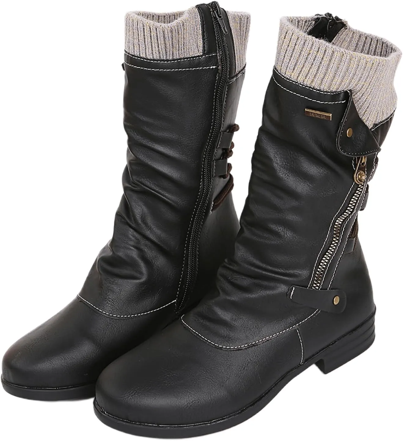 Boots For Women Knee High Wide Calf Mid Calf Combat Boots with Low Heel Square Toe Biker Motorcycle Riding Dress Boots