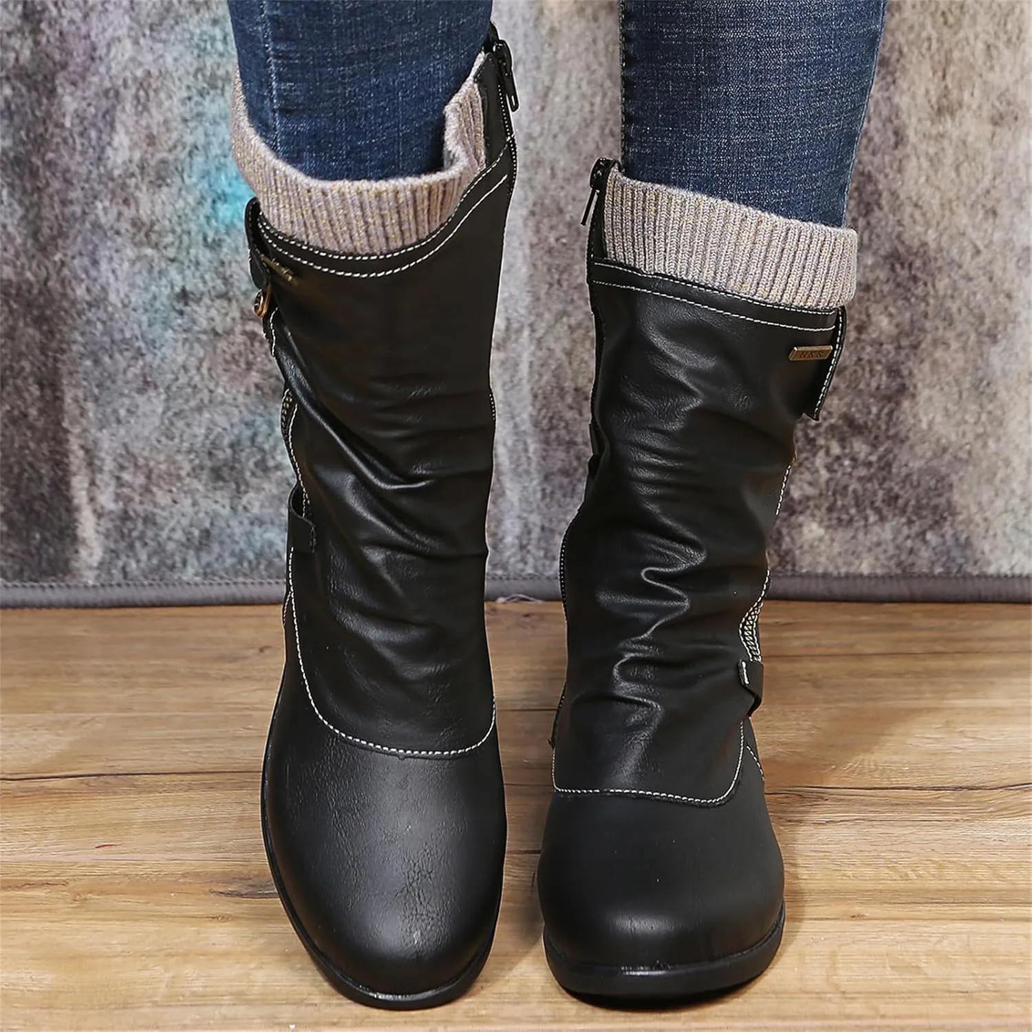Boots For Women Knee High Wide Calf Mid Calf Combat Boots with Low Heel Square Toe Biker Motorcycle Riding Dress Boots