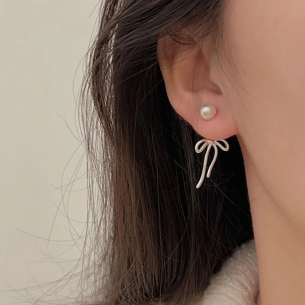 Bow Pearl Statement Earrings for Women,14K Gold Bowknot Pearls Tassels Earrings Party Prom Minimalist Bow Jacket Earrings Accessories Gifts