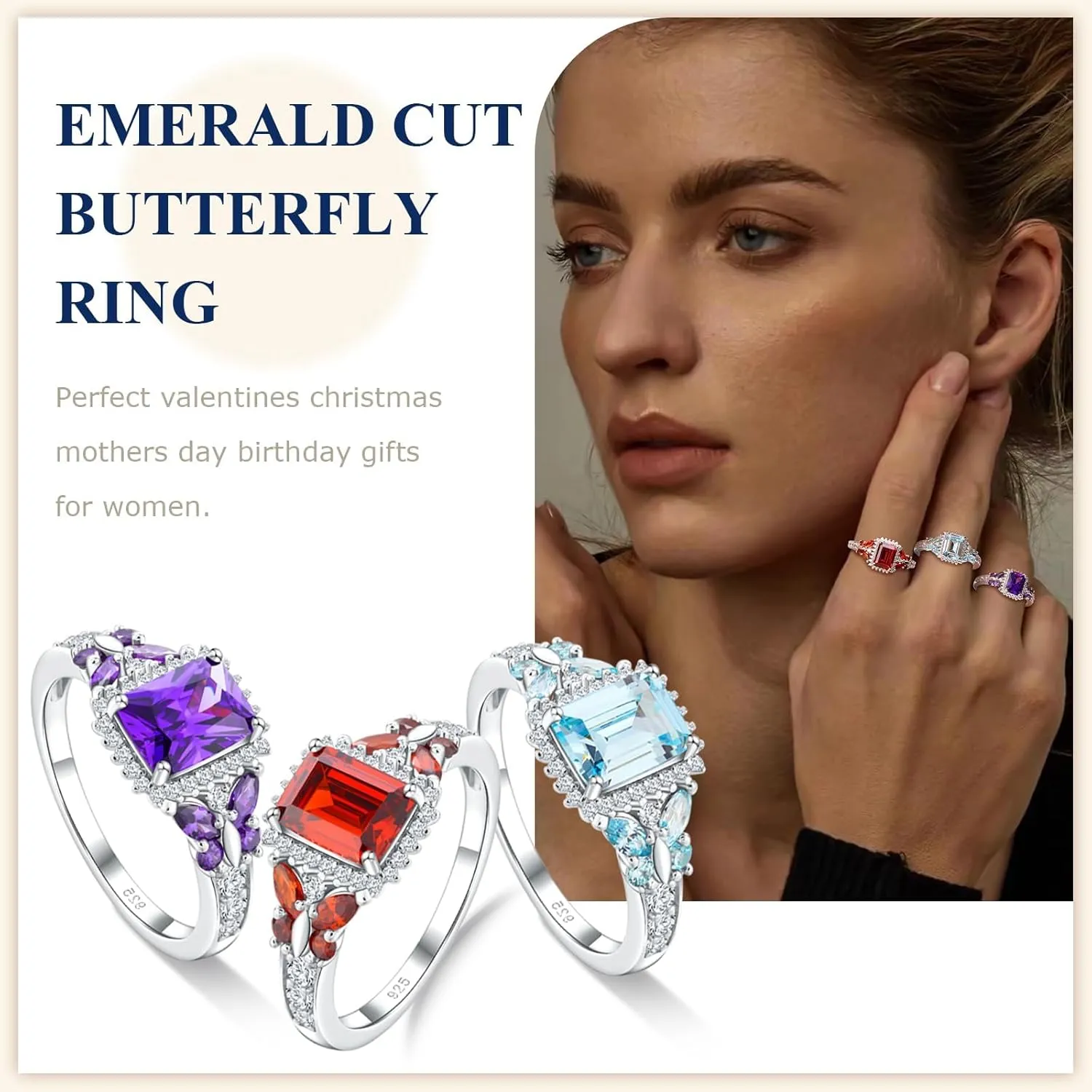 Butterfly Rings for Women, 925 Sterling Silver 3-4 Carat Birthstone Halo Ring Amethyst/Emerald/Blue Sapphire/Ruby Promise Ring Emerald Cut Engagement Rings for Her,Lovers Birthday Valentines Gift