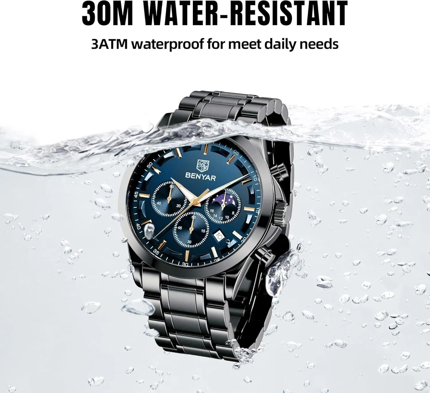 BY BENYAR Mens Watches Analog Quartz Chronograph Waterproof Wrist Watches for Men Fashion Business Work Casual Sport Designer Dress Watch with Calendar Elegant Gifts for Men