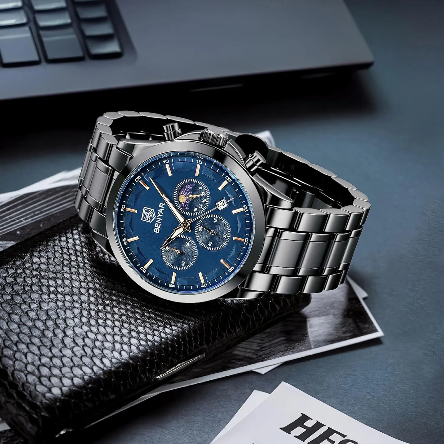 BY BENYAR Mens Watches Analog Quartz Chronograph Waterproof Wrist Watches for Men Fashion Business Work Casual Sport Designer Dress Watch with Calendar Elegant Gifts for Men