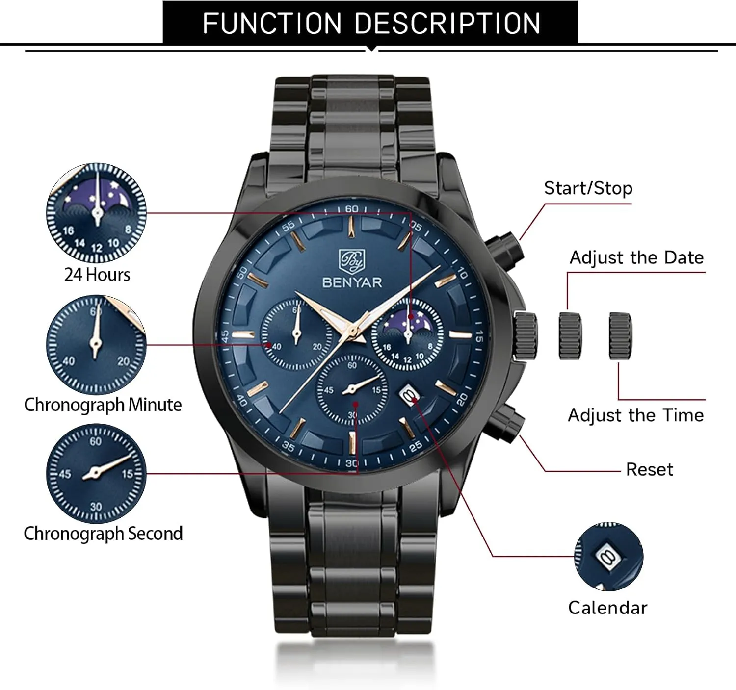 BY BENYAR Mens Watches Analog Quartz Chronograph Waterproof Wrist Watches for Men Fashion Business Work Casual Sport Designer Dress Watch with Calendar Elegant Gifts for Men