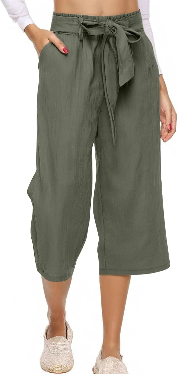 Capris Pants for Women Casual Summer Wide Leg Linen Pants Tie Belt Elastic Waist Beach Cropped Trousers with Pockets