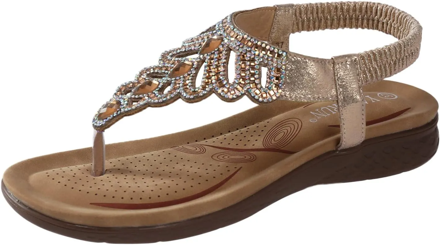 Cathalem Flat Sandals for Women Summer Dressy,Orthopedic Ankle Strap Sandals Low Heeled Sandals Comfortable Crystal Beach Sandals