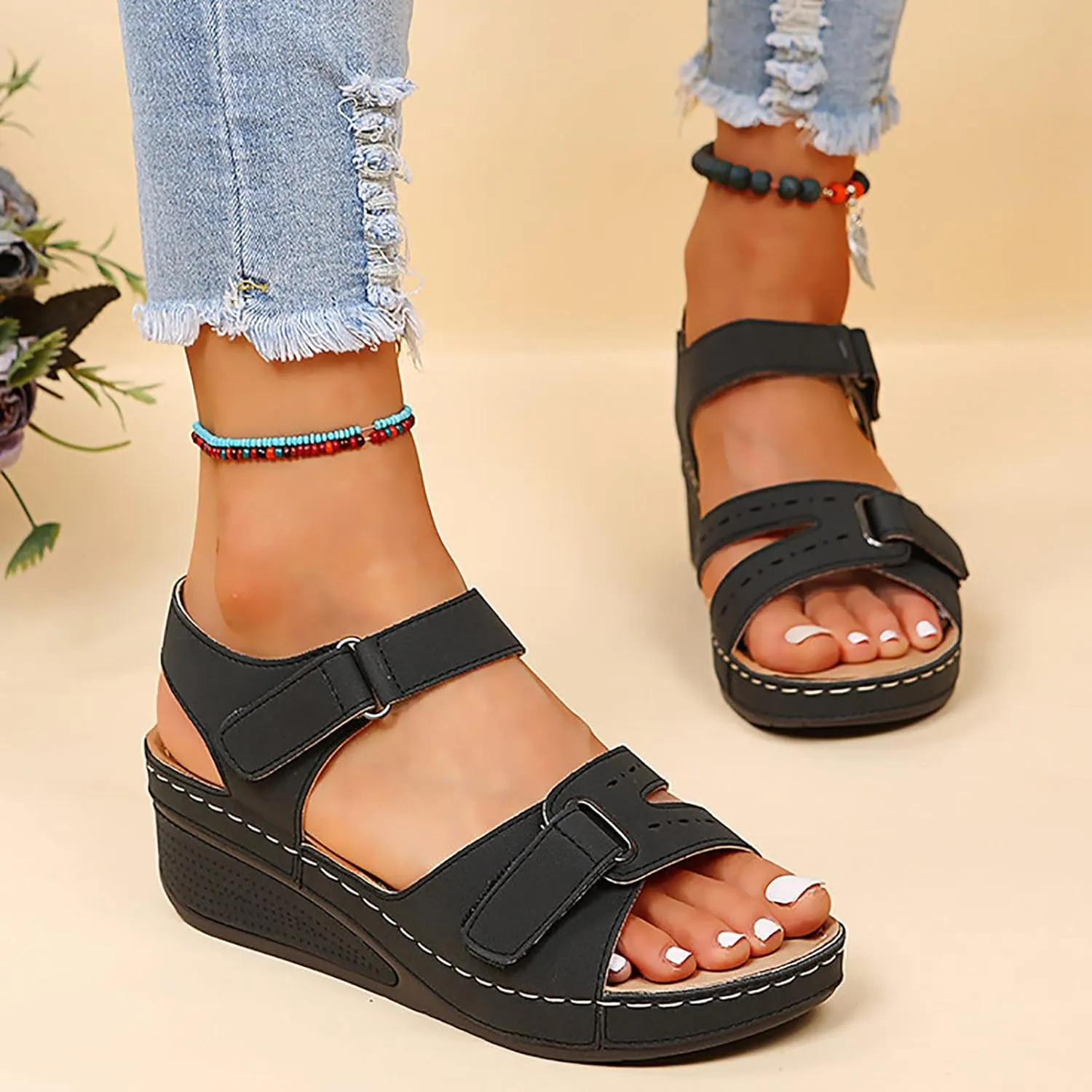 Cathalem Orthopedic Wedge Sandals for Women Summer Dressy Open Toe Ankle Strap Platform Sandals Buckle Casual Beach Outdoor Sandals