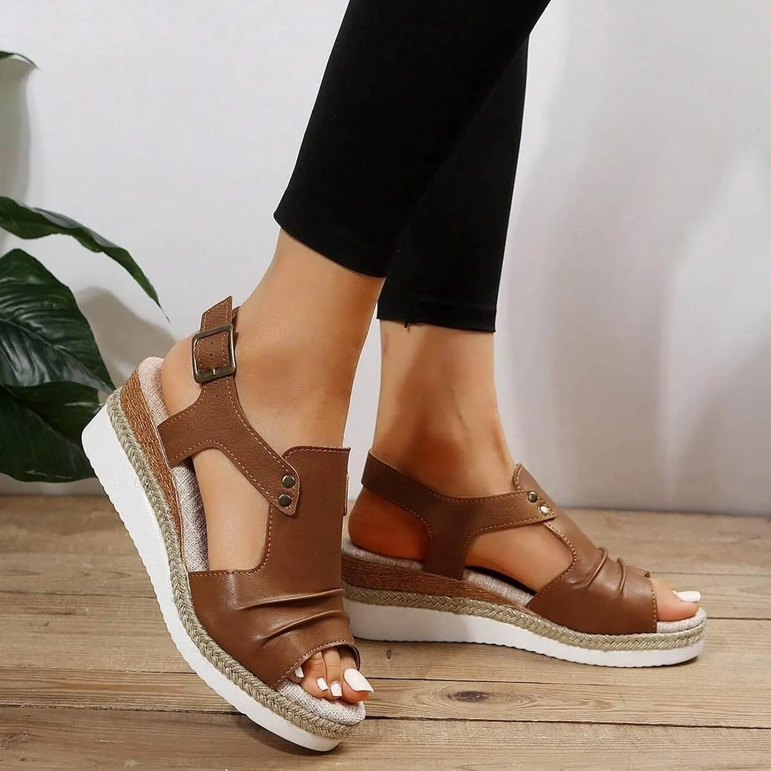 Cathalem Sandals For Women Summer Orthopedic Leather Wedge Platform Sandals Open Toe Sandals Shoes