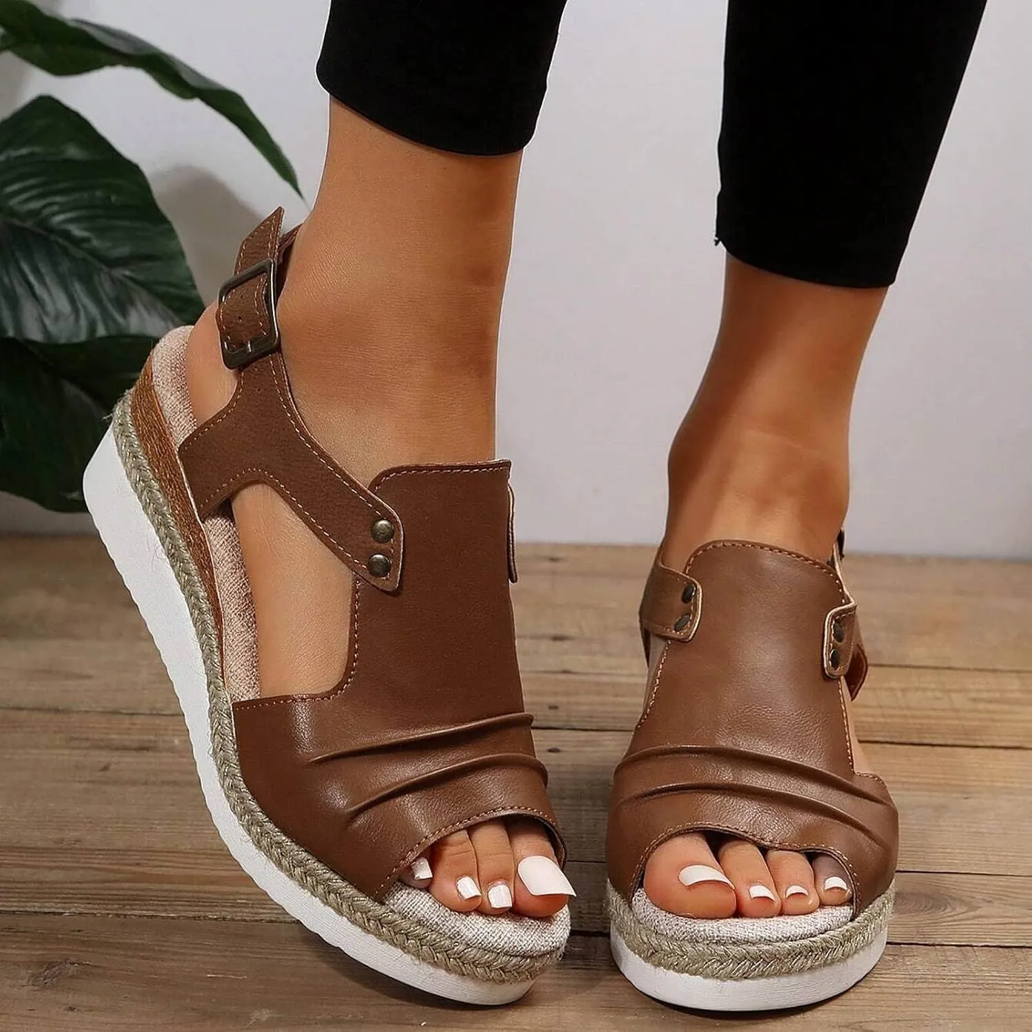 Cathalem Sandals For Women Summer Orthopedic Leather Wedge Platform Sandals Open Toe Sandals Shoes