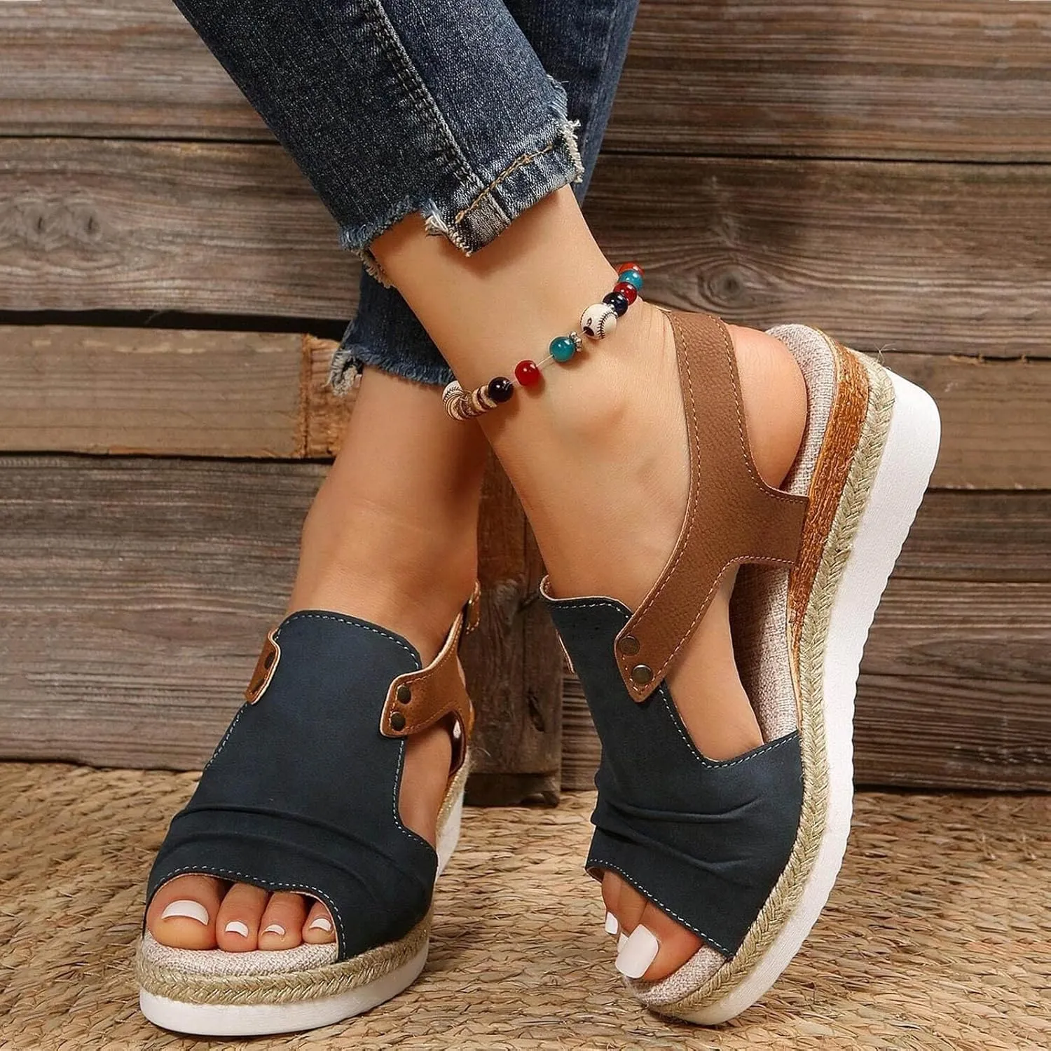 Cathalem Sandals For Women Summer Orthopedic Leather Wedge Platform Sandals Open Toe Sandals Shoes