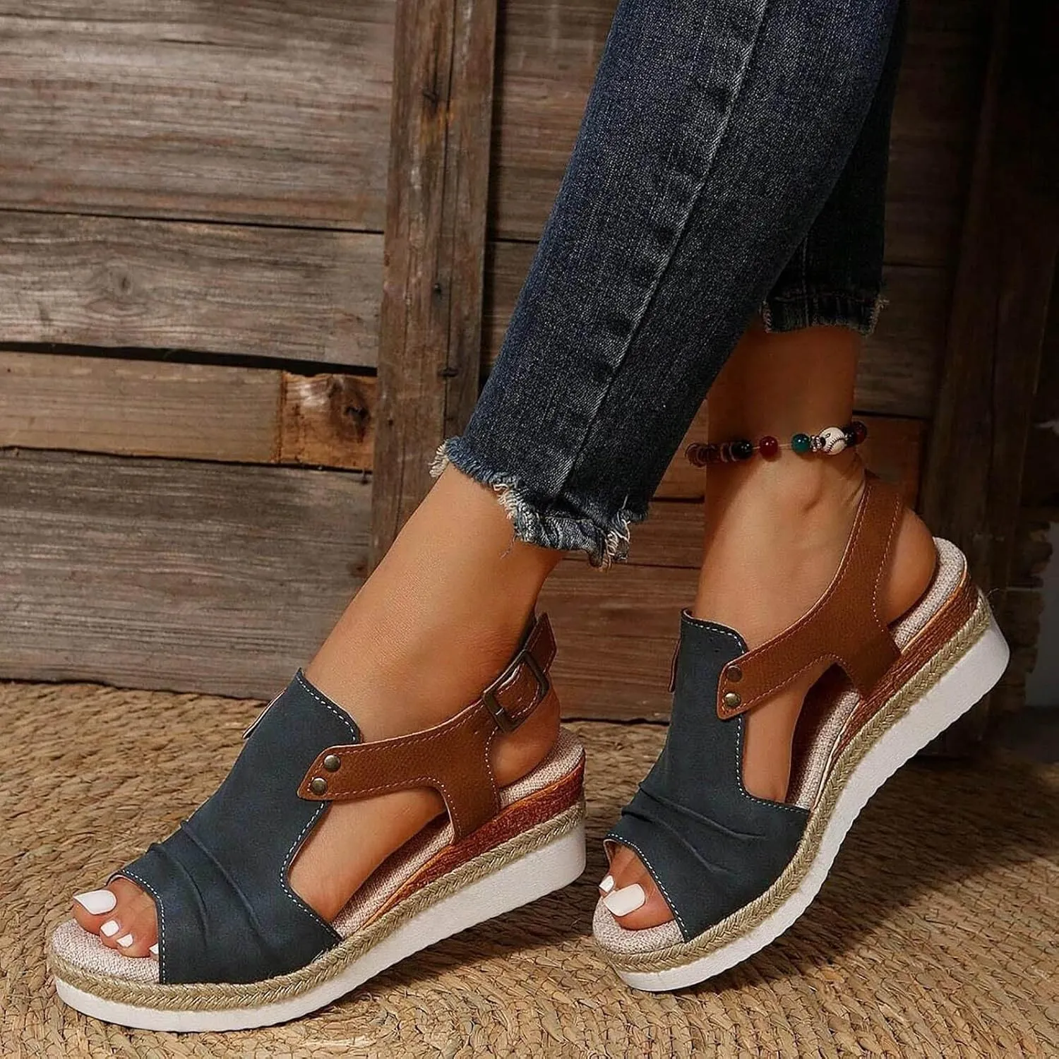 Cathalem Sandals For Women Summer Orthopedic Leather Wedge Platform Sandals Open Toe Sandals Shoes