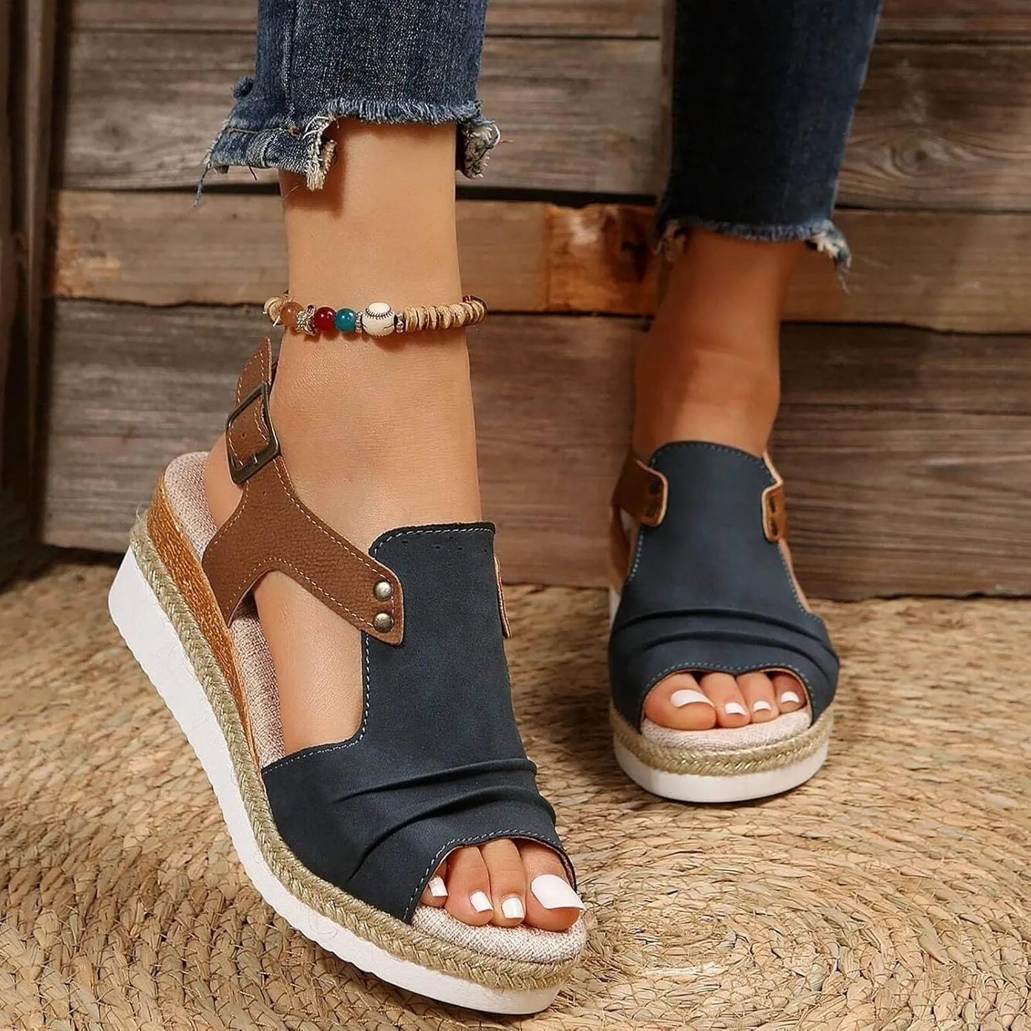 Cathalem Sandals For Women Summer Orthopedic Leather Wedge Platform Sandals Open Toe Sandals Shoes
