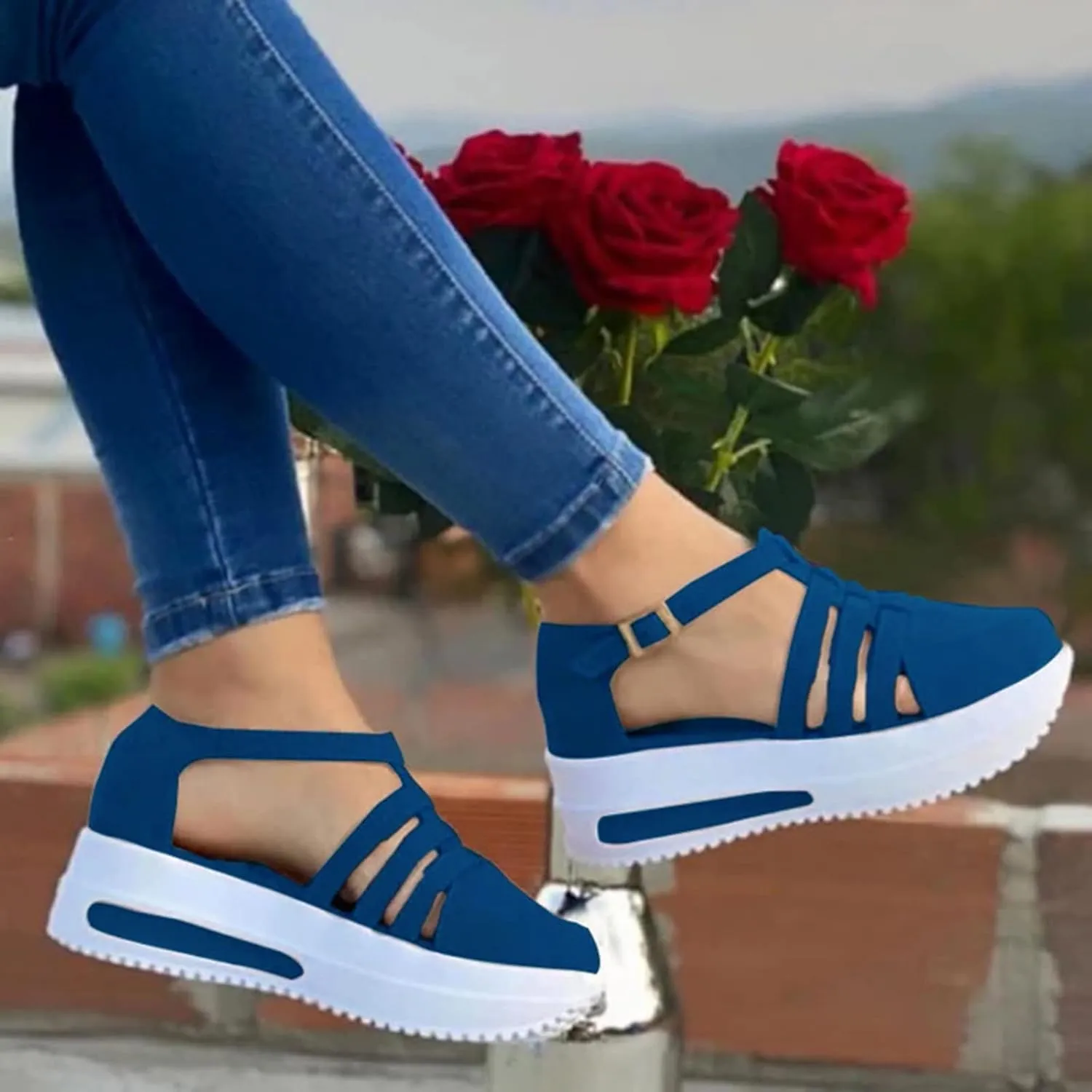 Cathalem Wedge Sandals for Women Ankle Strap Buckle Open Toe Wedge Sandals Summer Women's Beach Casual Sandals