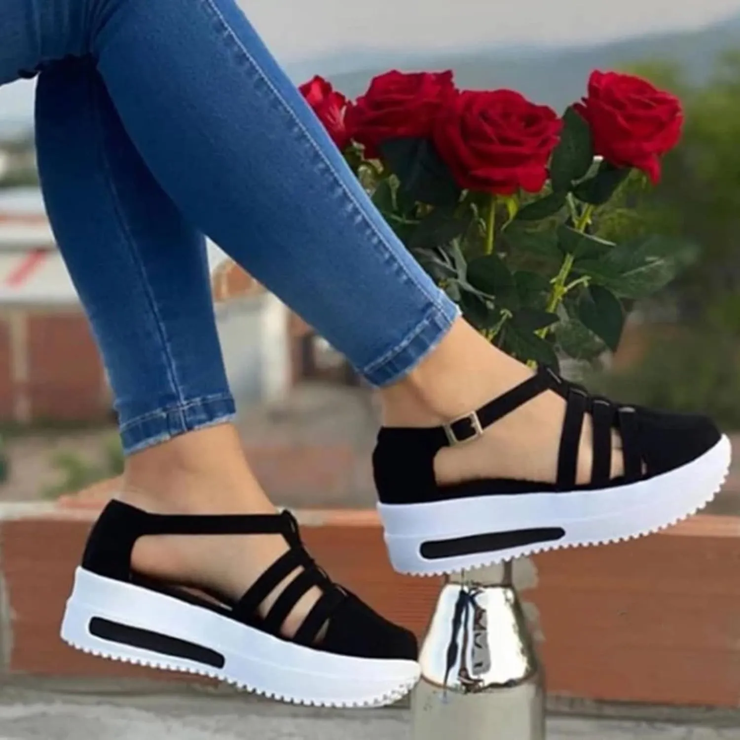 Cathalem Wedge Sandals for Women Ankle Strap Buckle Open Toe Wedge Sandals Summer Women's Beach Casual Sandals