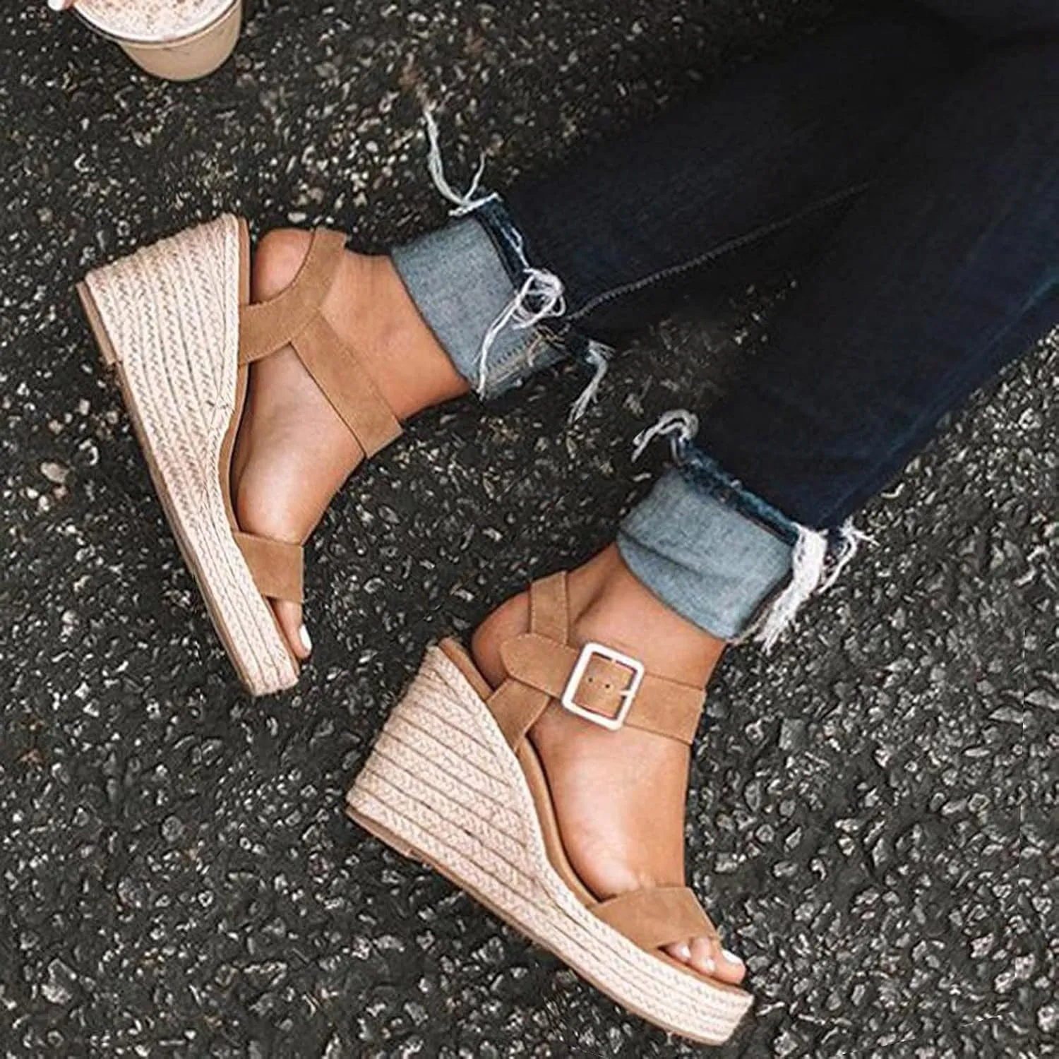 Cathalem Wedge Sandals for Women Platform Ankle Buckle Sandals Summer Beach Sandals Open Toe Wide Widge Sanddals