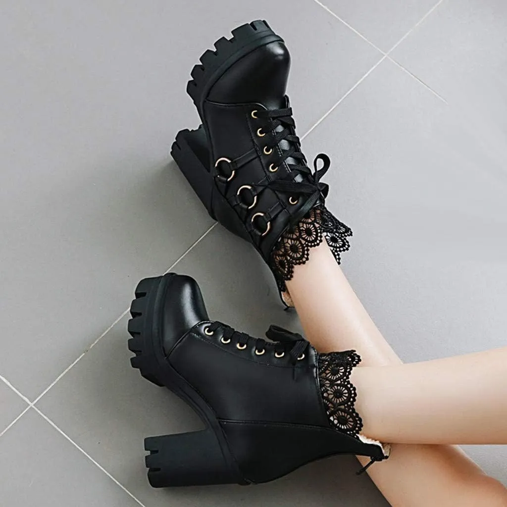 Cathalem Women's Ankle Boots & Booties Goth Platform Combat Boots Chunky High Heels Ankle Boots Lace Buckle Gothic Booties