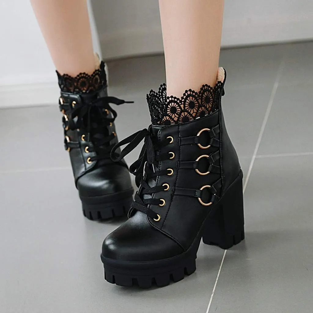 Cathalem Women's Ankle Boots & Booties Goth Platform Combat Boots Chunky High Heels Ankle Boots Lace Buckle Gothic Booties