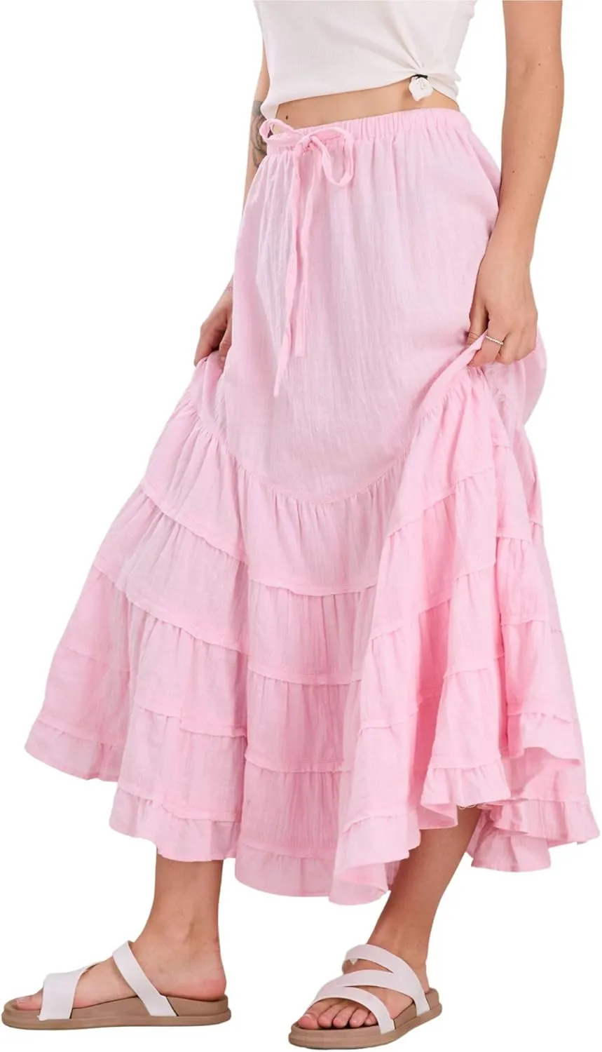CHARTOU Women Tiered Maxi Mermaid Skirt Drawstring Waist Ruffle Flowy Boho 2024 Summer Long Skirt