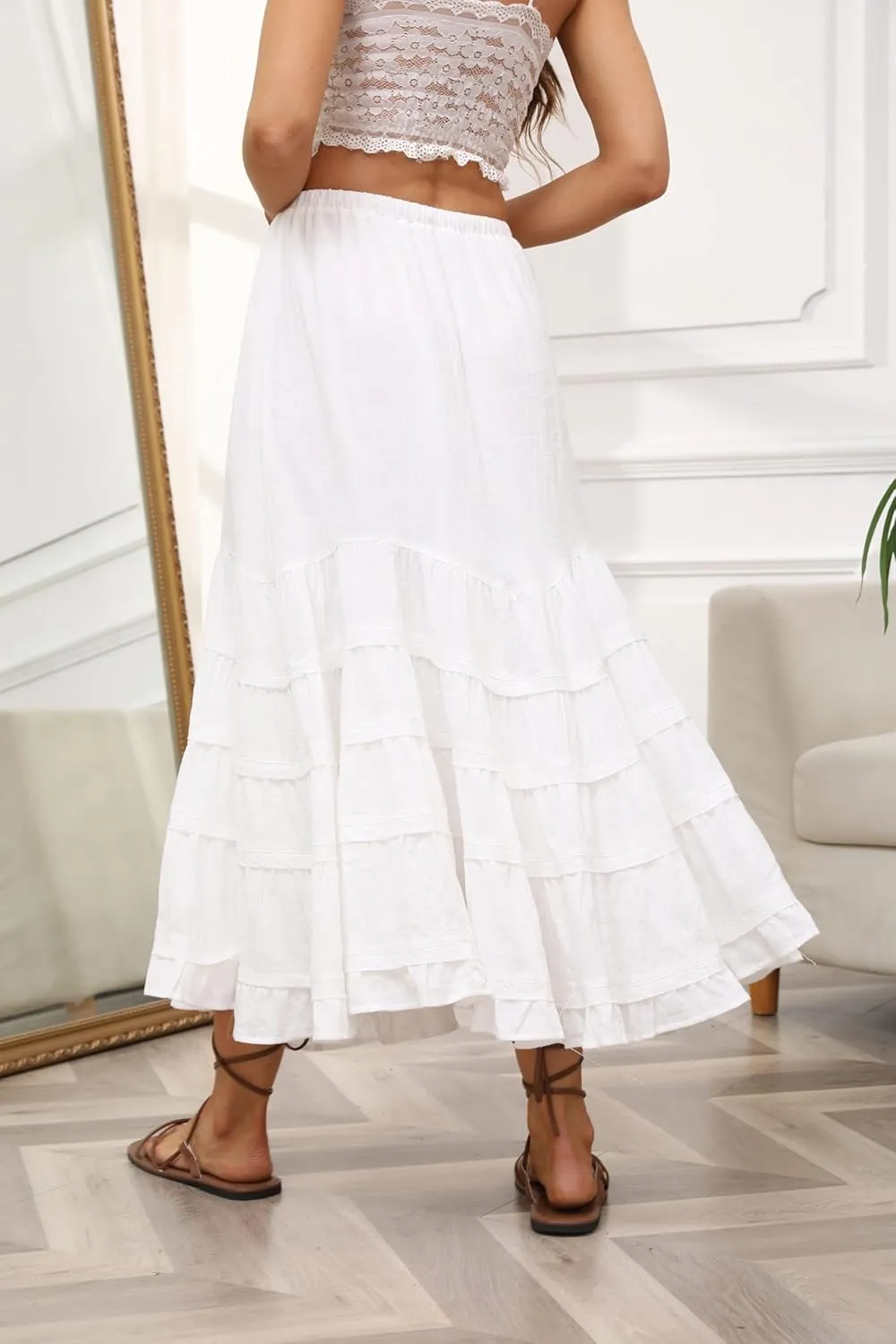 CHARTOU Women Tiered Maxi Mermaid Skirt Drawstring Waist Ruffle Flowy Boho 2024 Summer Long Skirt