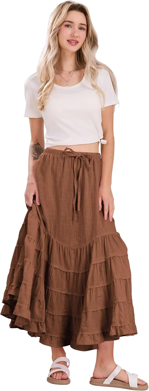CHARTOU Women Tiered Maxi Mermaid Skirt Drawstring Waist Ruffle Flowy Boho 2024 Summer Long Skirt