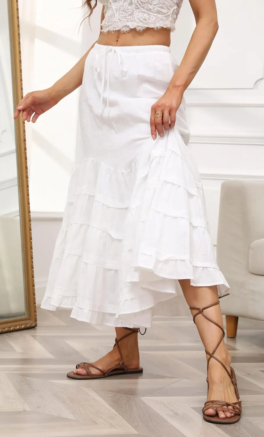 CHARTOU Women Tiered Maxi Mermaid Skirt Drawstring Waist Ruffle Flowy Boho 2024 Summer Long Skirt
