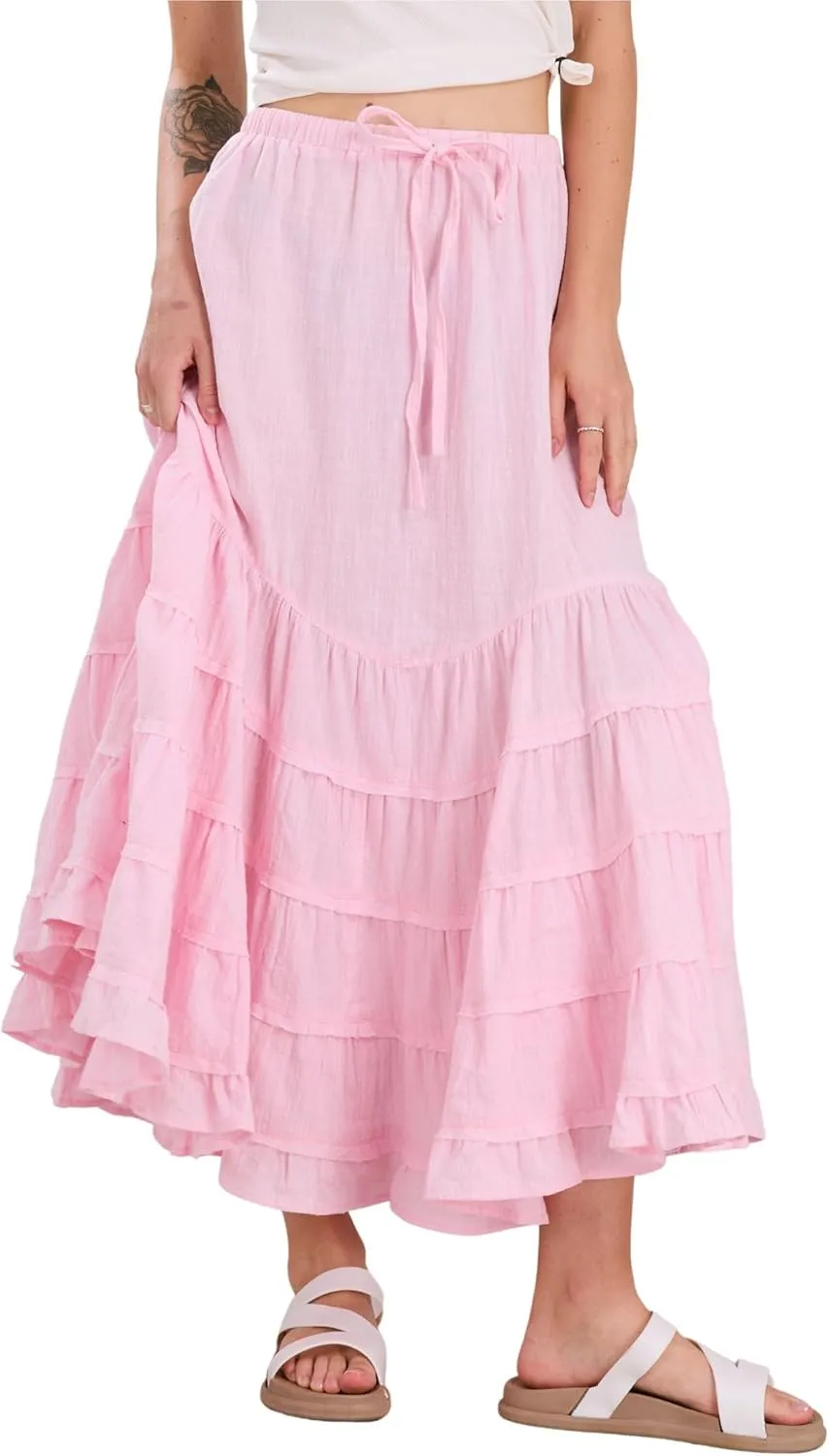 CHARTOU Women Tiered Maxi Mermaid Skirt Drawstring Waist Ruffle Flowy Boho 2024 Summer Long Skirt