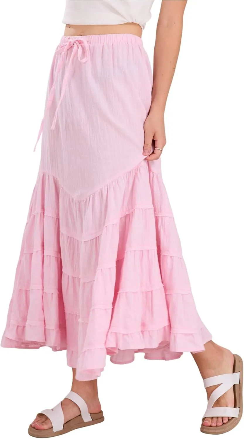 CHARTOU Women Tiered Maxi Mermaid Skirt Drawstring Waist Ruffle Flowy Boho 2024 Summer Long Skirt