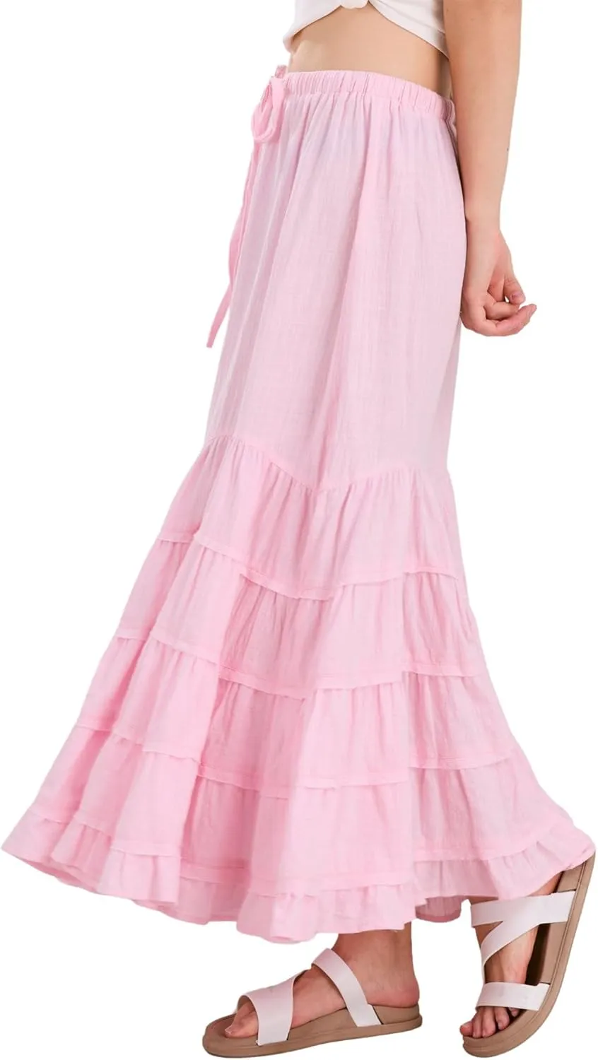 CHARTOU Women Tiered Maxi Mermaid Skirt Drawstring Waist Ruffle Flowy Boho 2024 Summer Long Skirt
