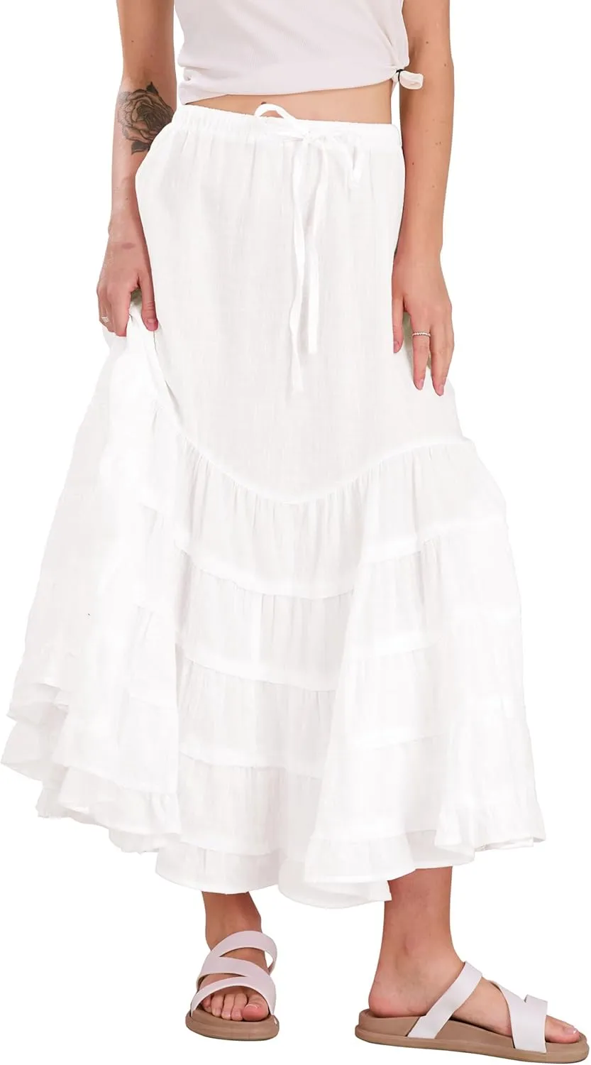 CHARTOU Women Tiered Maxi Mermaid Skirt Drawstring Waist Ruffle Flowy Boho 2024 Summer Long Skirt