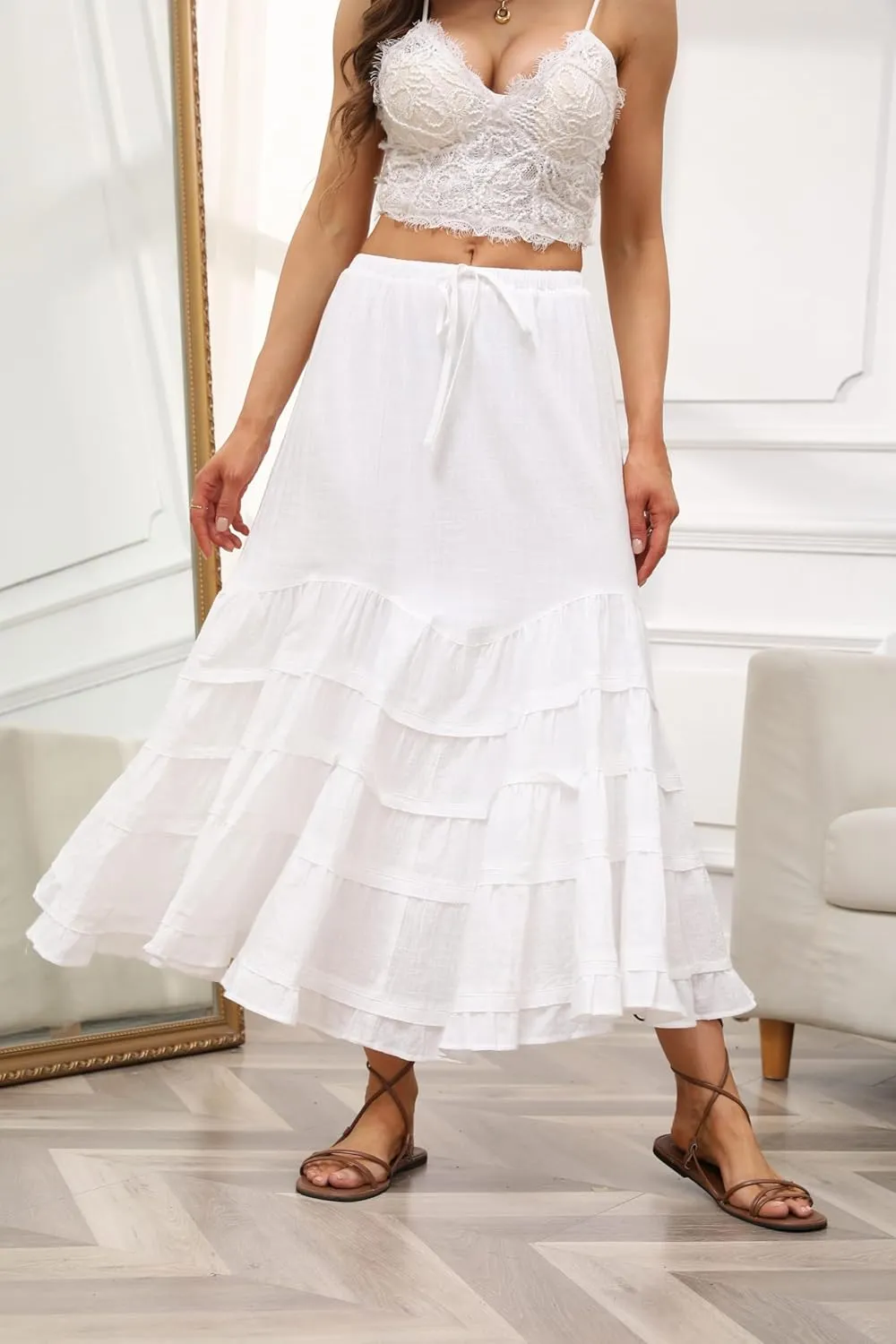 CHARTOU Women Tiered Maxi Mermaid Skirt Drawstring Waist Ruffle Flowy Boho 2024 Summer Long Skirt