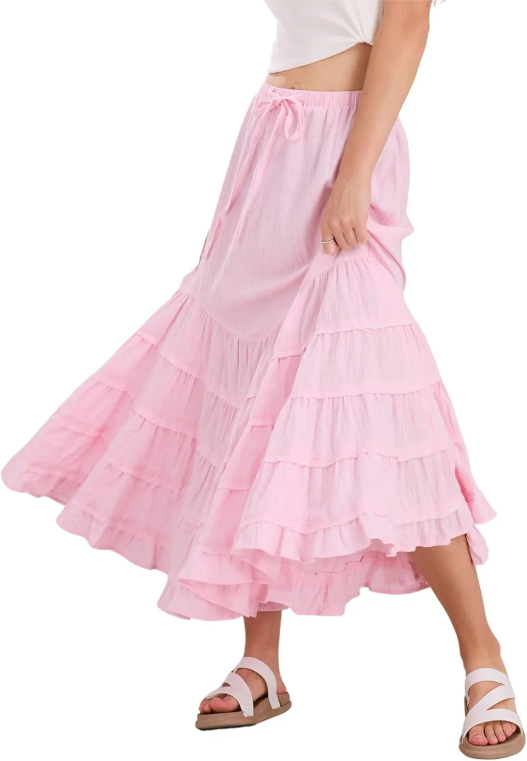 CHARTOU Women Tiered Maxi Mermaid Skirt Drawstring Waist Ruffle Flowy Boho 2024 Summer Long Skirt