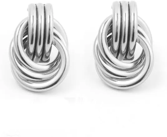 Chunky Gold Drop Earrings for Women - Minimalist Knot Earrings, Trendy Geometric Dangle Statement Earring Jewelry (Silver)