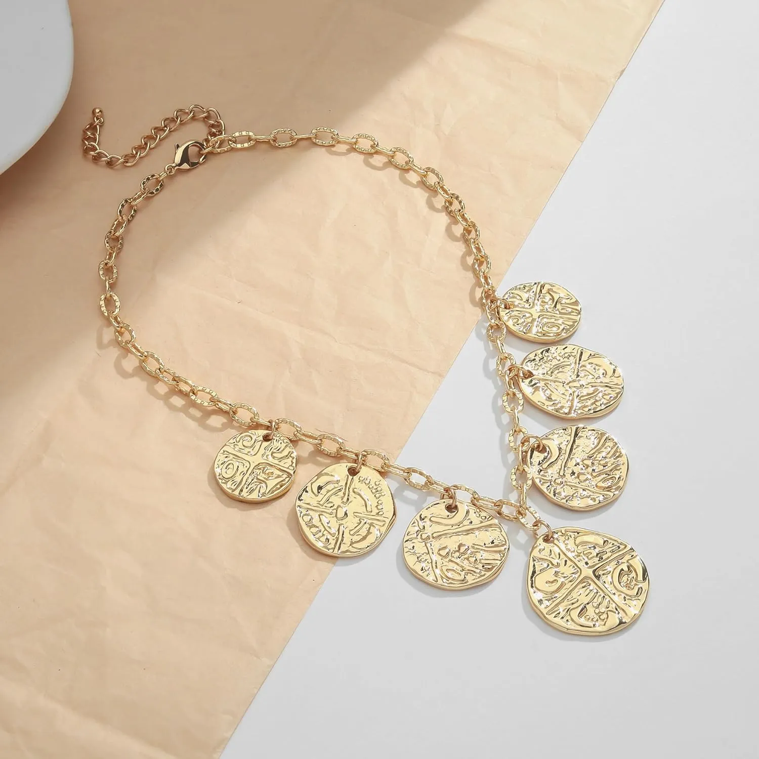 Chunky Multiple Charms Necklace for Women Boho Vintage Adjustable Gold Chain Necklace Bold Statement Round Choker Pendant Necklaces Fashion Heart Necklace