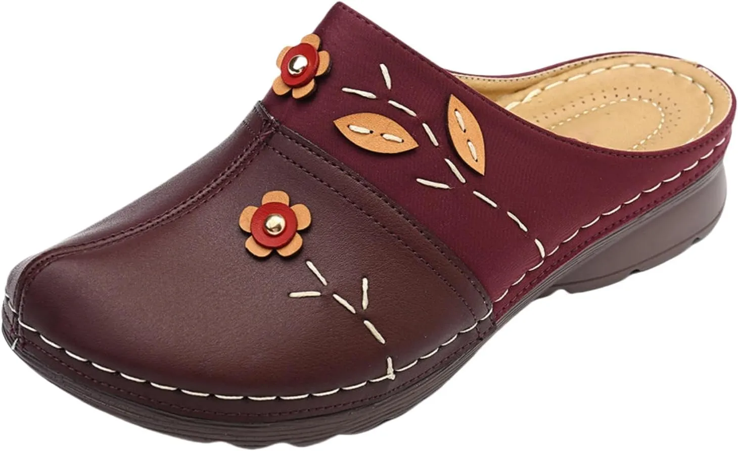 Clogs Shoes for Women Summer Leather Slippers Comfort Work Slip on Loafers Wide Fit Mules Beach Flowers Wedge Sandals Comfortable Closed Toe Walking Orthopedic Arch Support Platform Mule