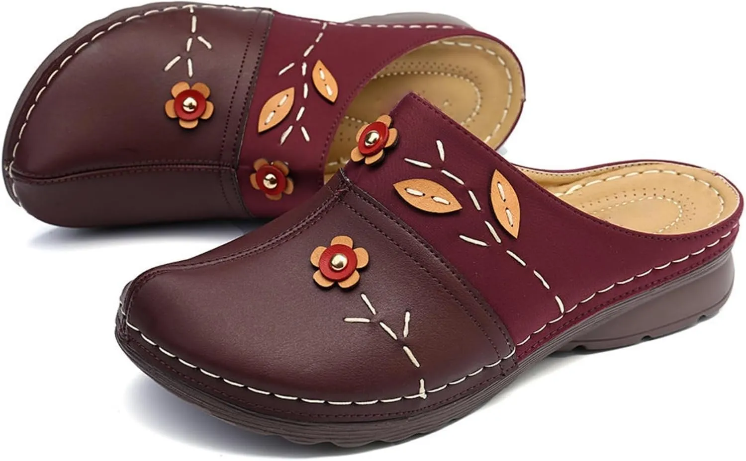 Clogs Shoes for Women Summer Leather Slippers Comfort Work Slip on Loafers Wide Fit Mules Beach Flowers Wedge Sandals Comfortable Closed Toe Walking Orthopedic Arch Support Platform Mule