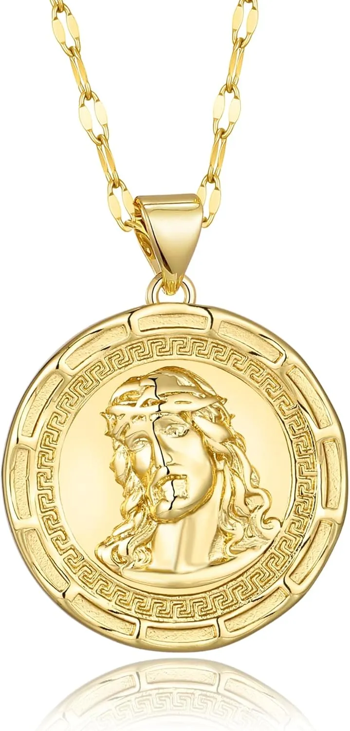 Coin Pendant Medallion Necklace, Jesus/St. Christopher/Cross Circle 18K Gold Coin Necklace