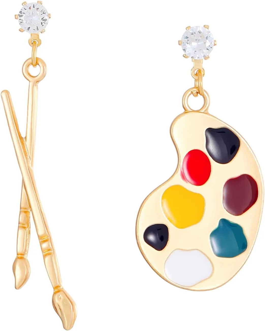 Colorful Palette Earrings Gold Plated Asymmetric Classic Unique Enamel Pigment Blackboard Art Paint Brush Dangle Drop Earrings for Women Teachers Painter Artist Fashion Jewelry Gifts