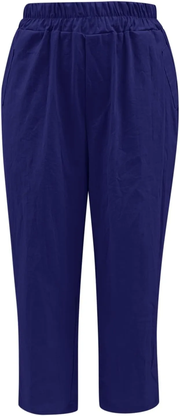 Cotton Linen Harem Pants Women Trendy Casual Loose Elastic Waist Pants Plain Solid Color Straight Wide Leg Relax Fit Trousers