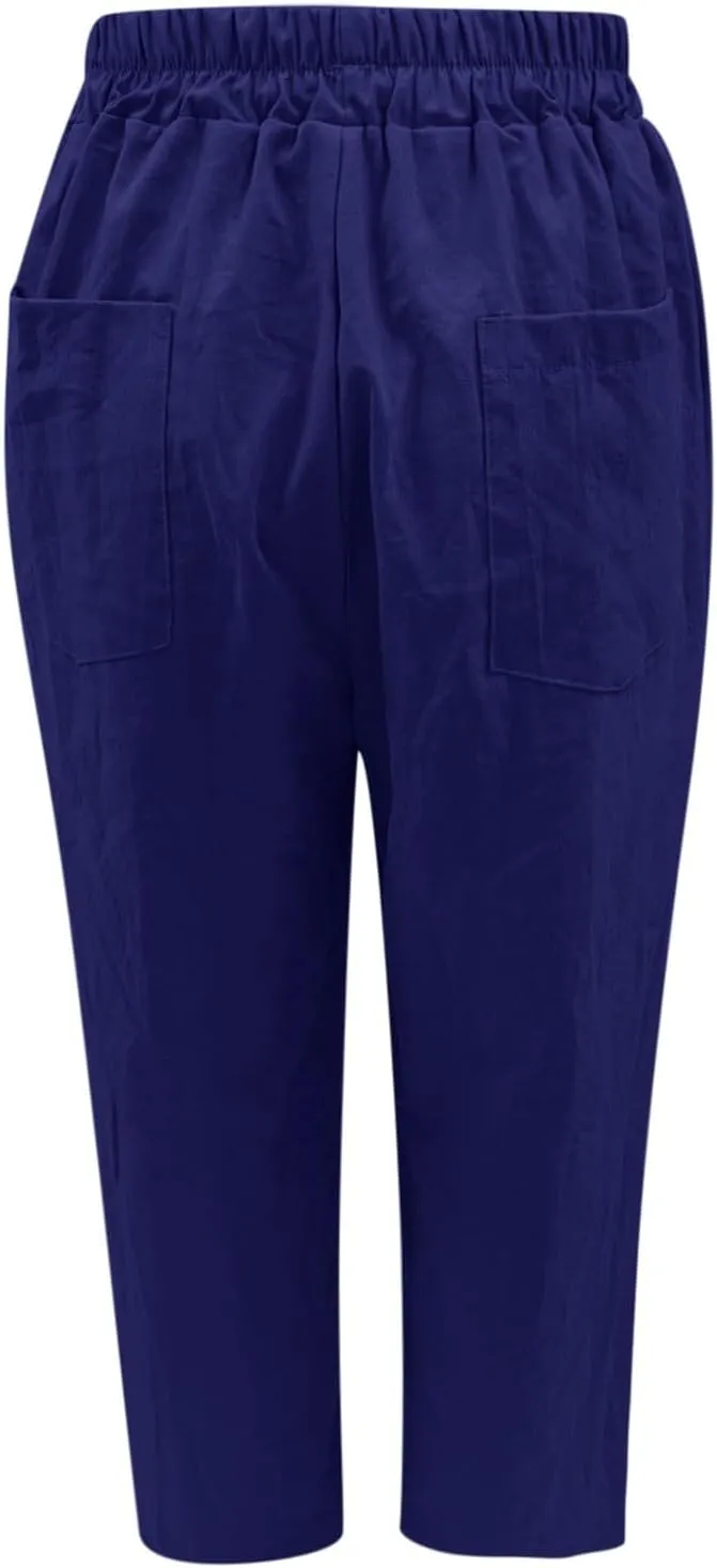 Cotton Linen Harem Pants Women Trendy Casual Loose Elastic Waist Pants Plain Solid Color Straight Wide Leg Relax Fit Trousers