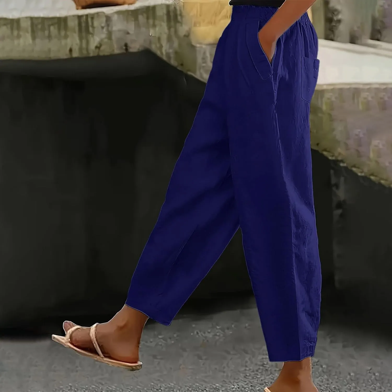 Cotton Linen Harem Pants Women Trendy Casual Loose Elastic Waist Pants Plain Solid Color Straight Wide Leg Relax Fit Trousers