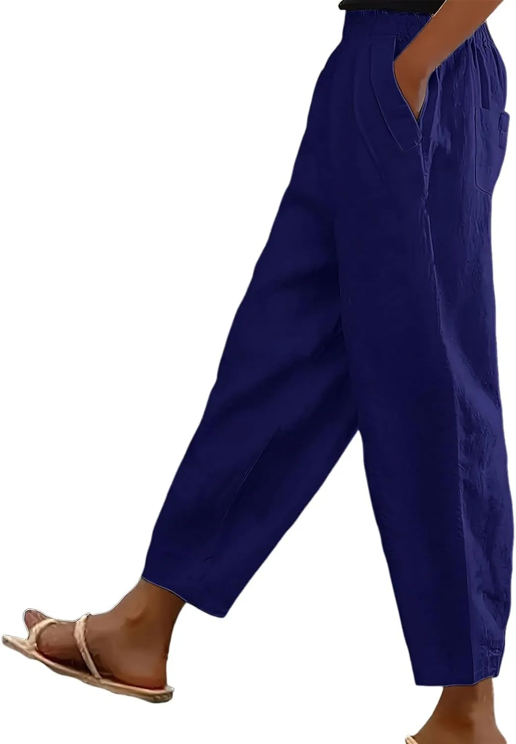 Cotton Linen Harem Pants Women Trendy Casual Loose Elastic Waist Pants Plain Solid Color Straight Wide Leg Relax Fit Trousers