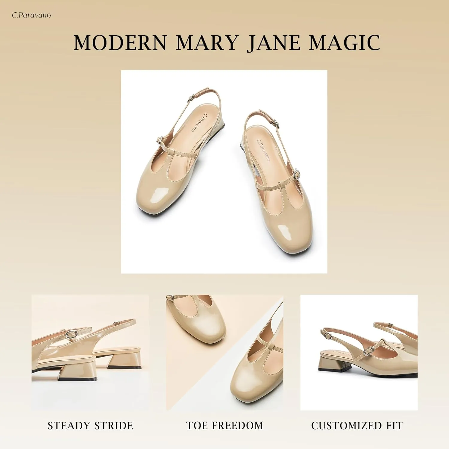C.Paravano Mary Jane Slingback Pumps Round Toe Low Heels T Strap Slingback Heels Women Sling Back Slip On Party Dress Work Shoes