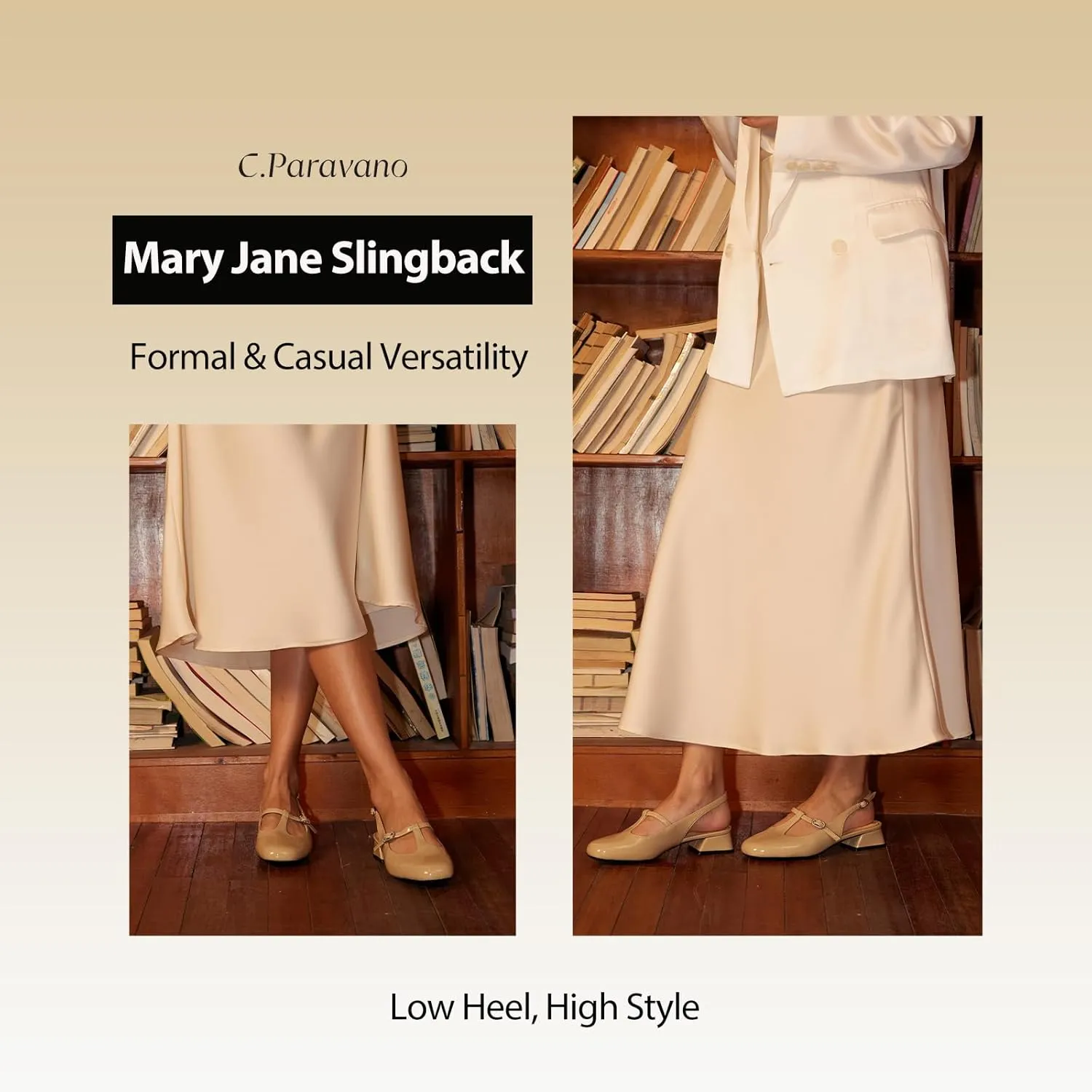C.Paravano Mary Jane Slingback Pumps Round Toe Low Heels T Strap Slingback Heels Women Sling Back Slip On Party Dress Work Shoes