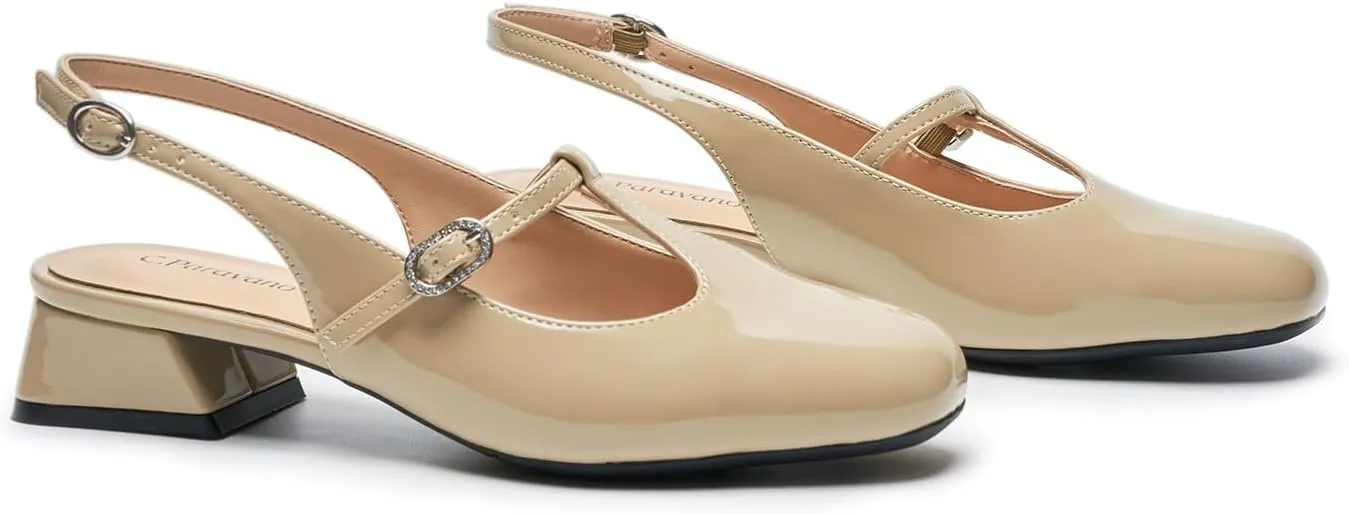 C.Paravano Mary Jane Slingback Pumps Round Toe Low Heels T Strap Slingback Heels Women Sling Back Slip On Party Dress Work Shoes