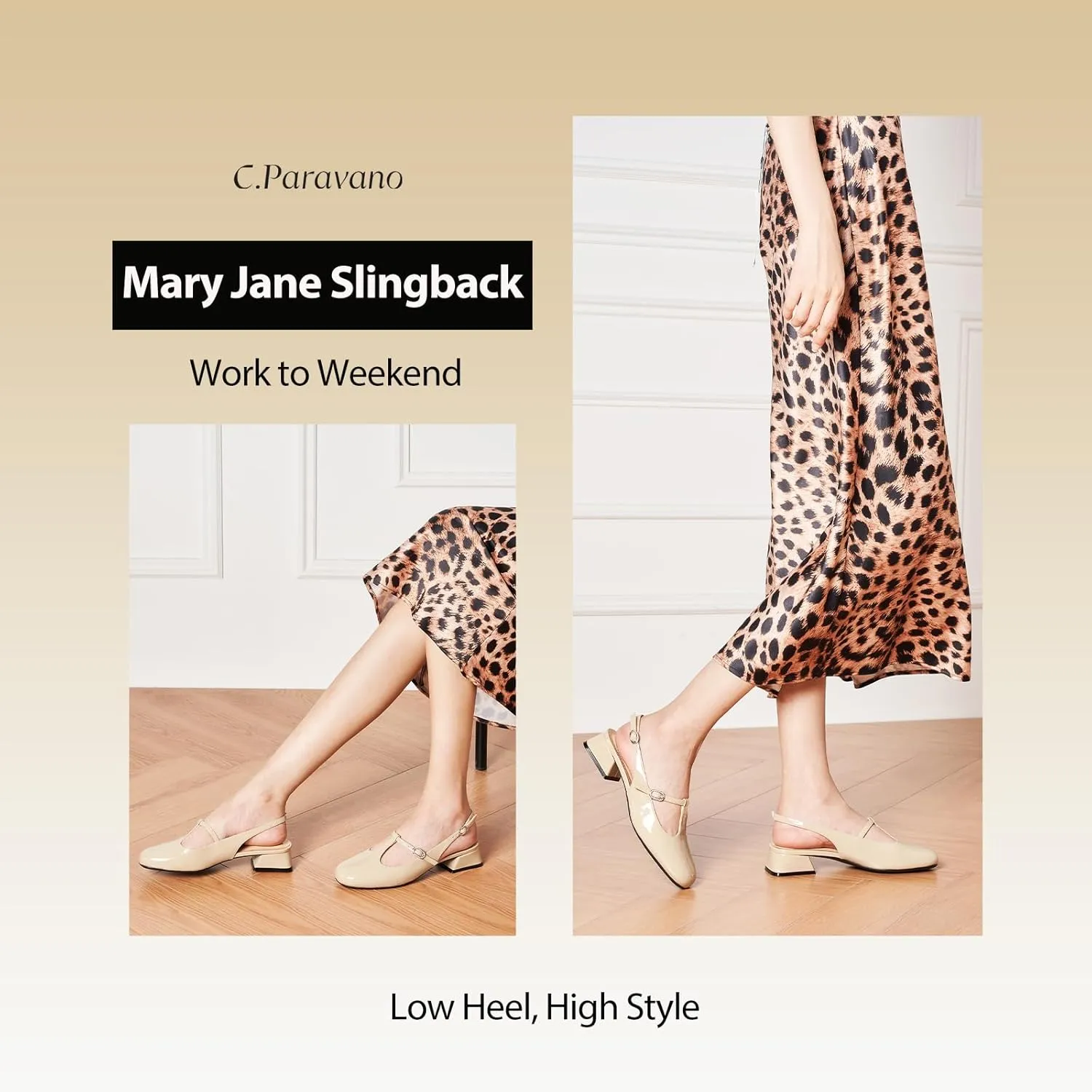 C.Paravano Mary Jane Slingback Pumps Round Toe Low Heels T Strap Slingback Heels Women Sling Back Slip On Party Dress Work Shoes